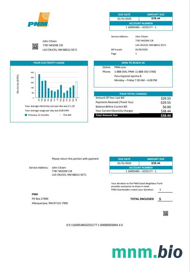 USA Nowy Meksyk PNM łatwy do wypełnienia szablon rachunku za media w formacie Word i PDF